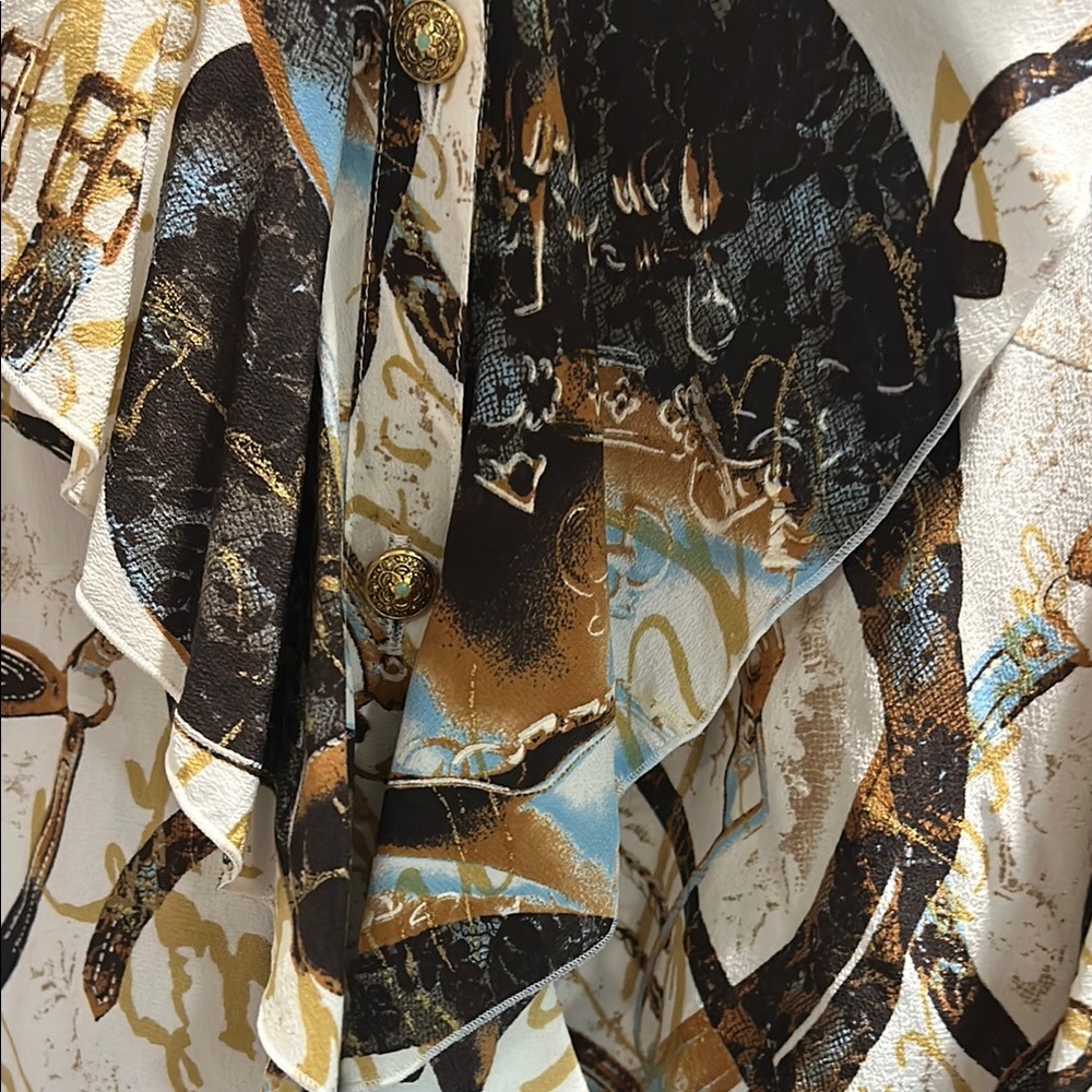 Escada Multicolor Abstract button down blouse with ruffle details. Size 44/L - Picture 5 of 10